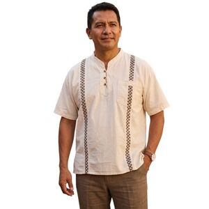 Vintage Guayabera Style Embroidered Henley Shirt Mens Cream Short Sleeve Cream